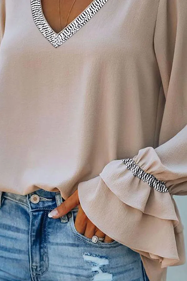 Jonelle Tape Patch V-Neck Bell Sleeve Top