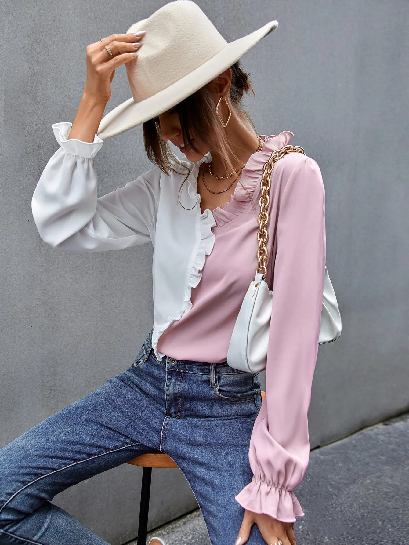 KittenAlarm - Two Tone Ruffle Hem Blouse