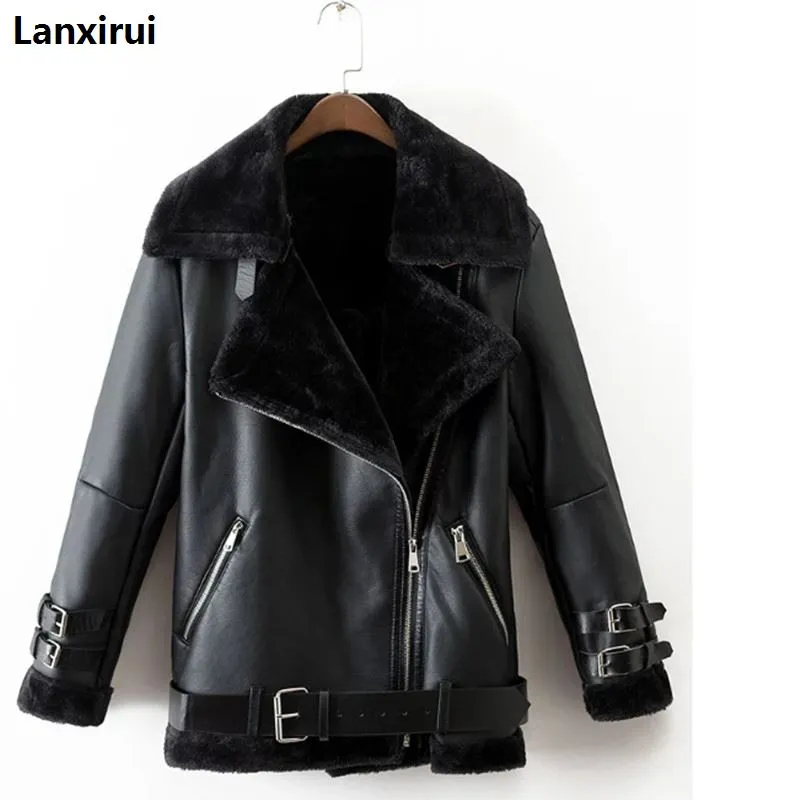 Lambs wool Coat Autumn winter women pu tops casual belted leather outwear