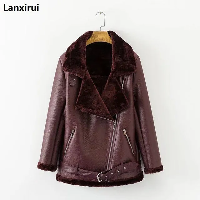 Lambs wool Coat Autumn winter women pu tops casual belted leather outwear