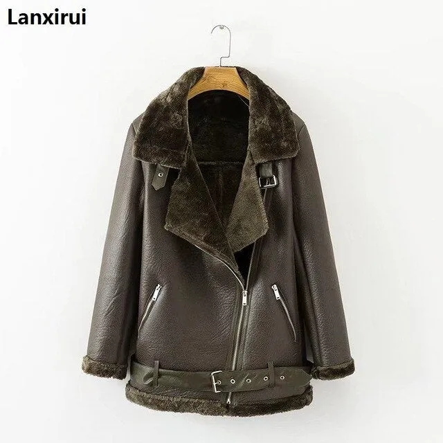 Lambs wool Coat Autumn winter women pu tops casual belted leather outwear