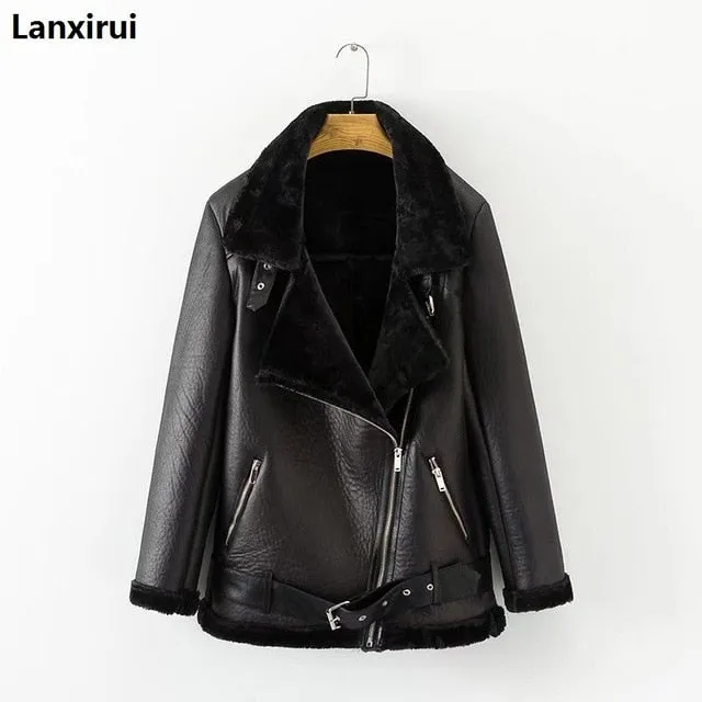 Lambs wool Coat Autumn winter women pu tops casual belted leather outwear