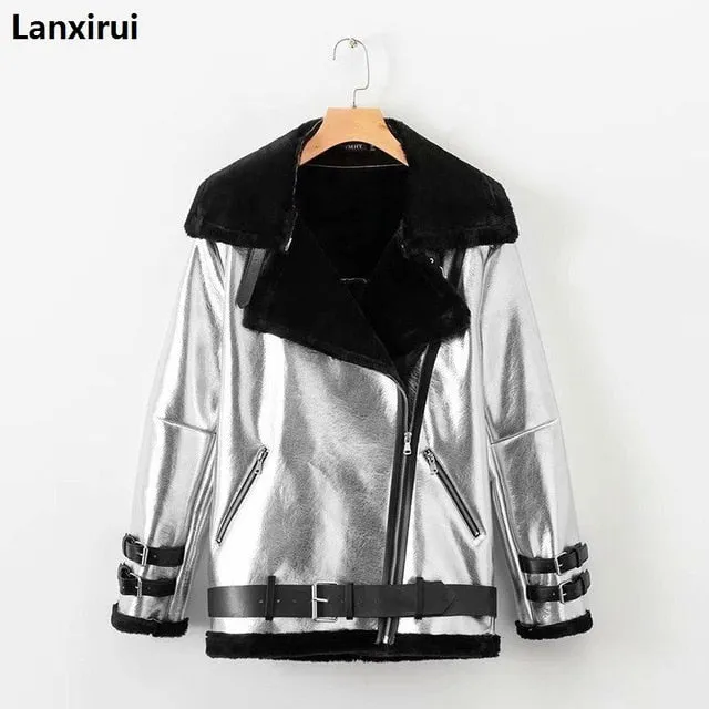 Lambs wool Coat Autumn winter women pu tops casual belted leather outwear