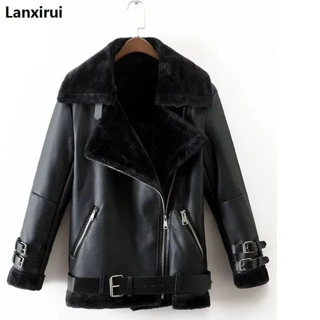 Lambs wool Coat Autumn winter women pu tops casual belted leather outwear
