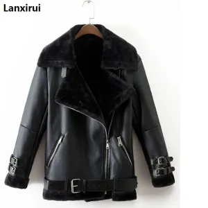 Lambs wool Coat Autumn winter women pu tops casual belted leather outwear