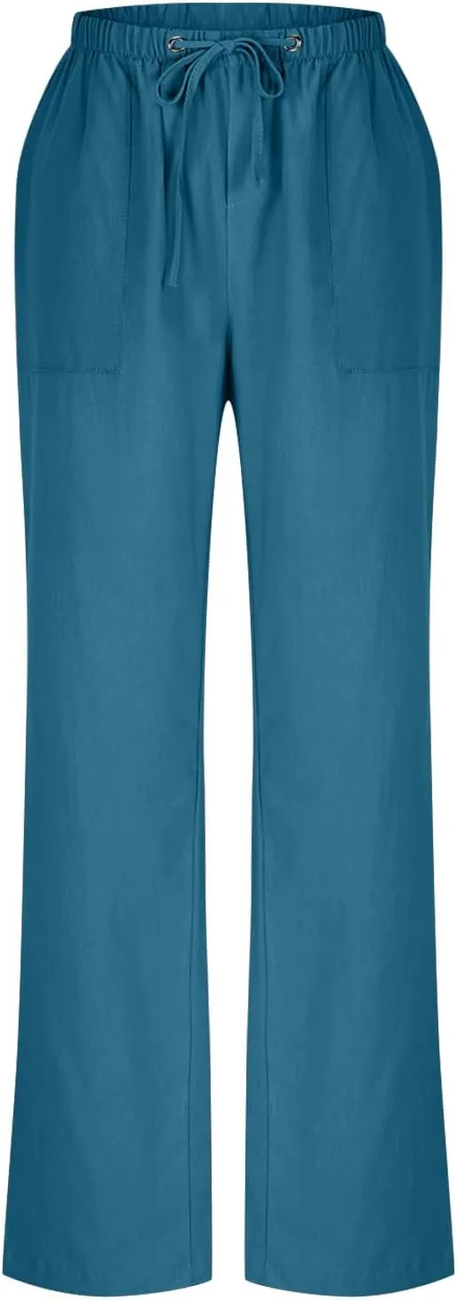 Lastesso Linen Pants Women Casual High Waist Drawstring Cotton Slacks with Pockets Cozy Beach Summer Lounge Pant Outfits