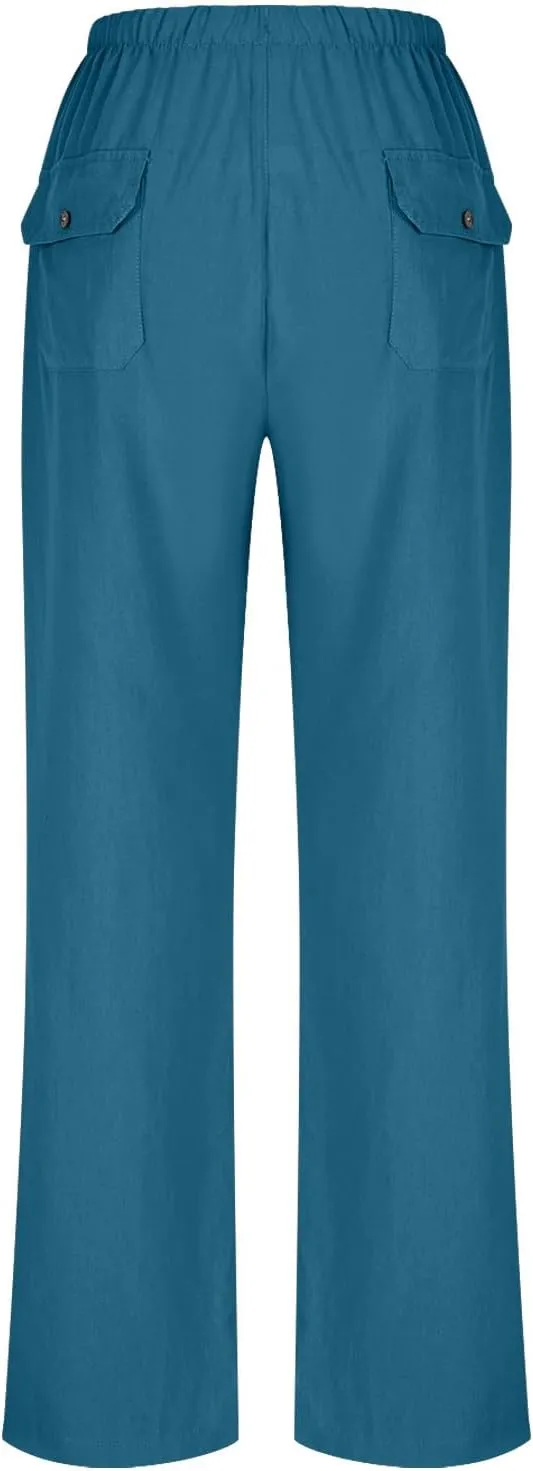 Lastesso Linen Pants Women Casual High Waist Drawstring Cotton Slacks with Pockets Cozy Beach Summer Lounge Pant Outfits