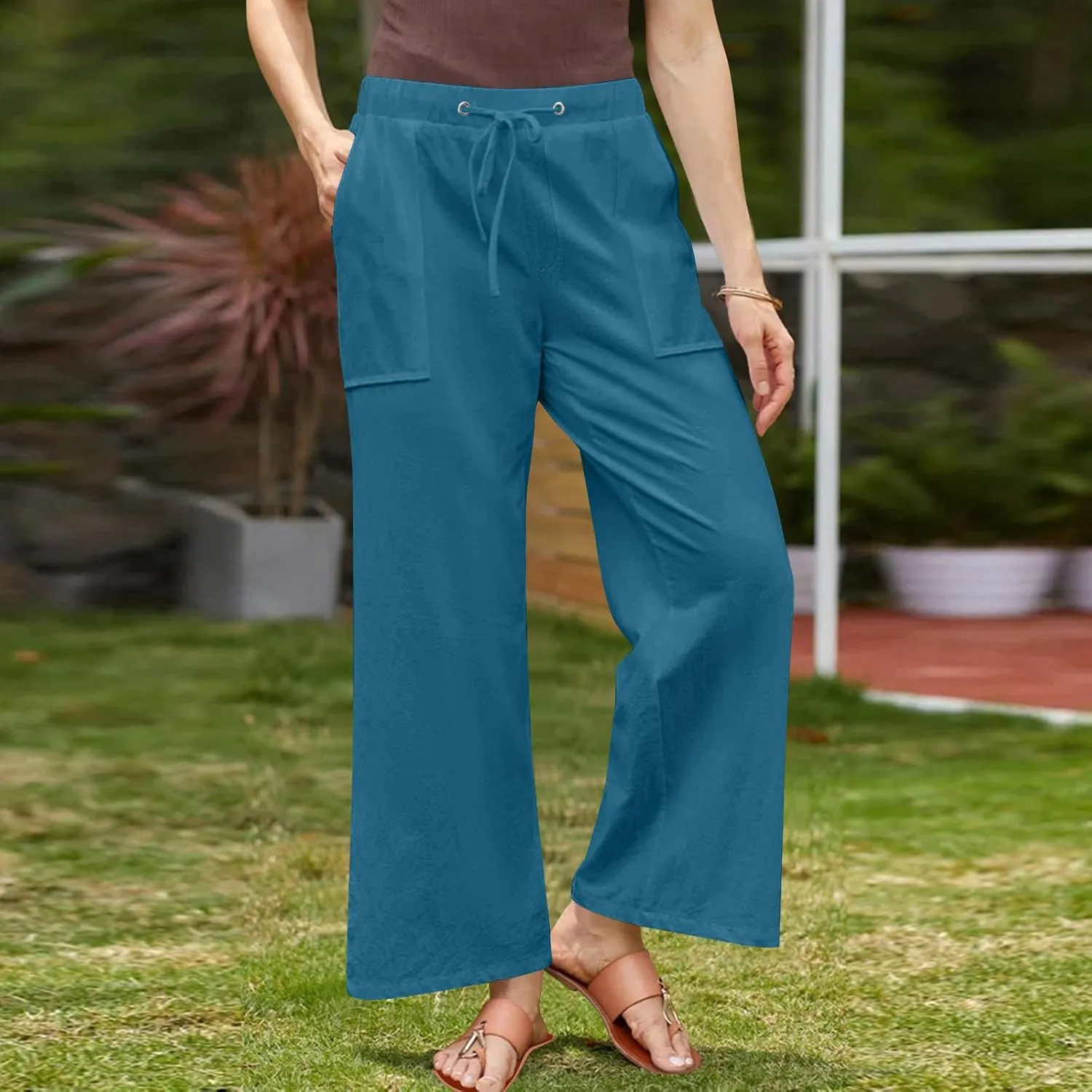 Lastesso Linen Pants Women Casual High Waist Drawstring Cotton Slacks with Pockets Cozy Beach Summer Lounge Pant Outfits