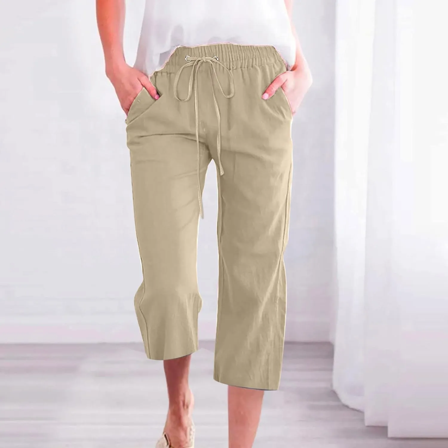 Linen Capri Pants for Women 2025 Summer Casual Drawstring Elastic Trouser Plus Size Lounge Cozy Cropped Capris Pocket
