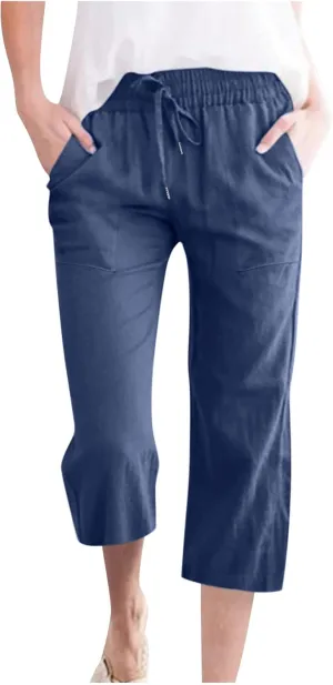 Linen Capri Pants for Women 2025 Summer Casual Drawstring Elastic Trouser Plus Size Lounge Cozy Cropped Capris Pocket