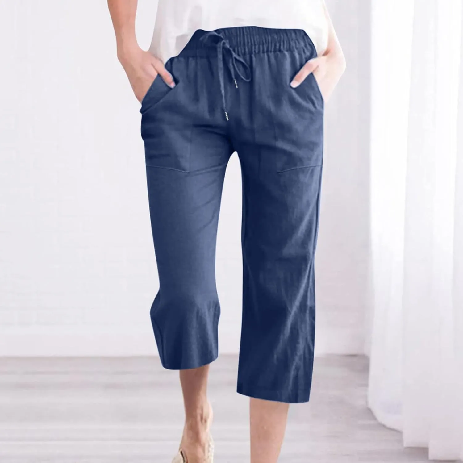 Linen Capri Pants for Women 2025 Summer Casual Drawstring Elastic Trouser Plus Size Lounge Cozy Cropped Capris Pocket
