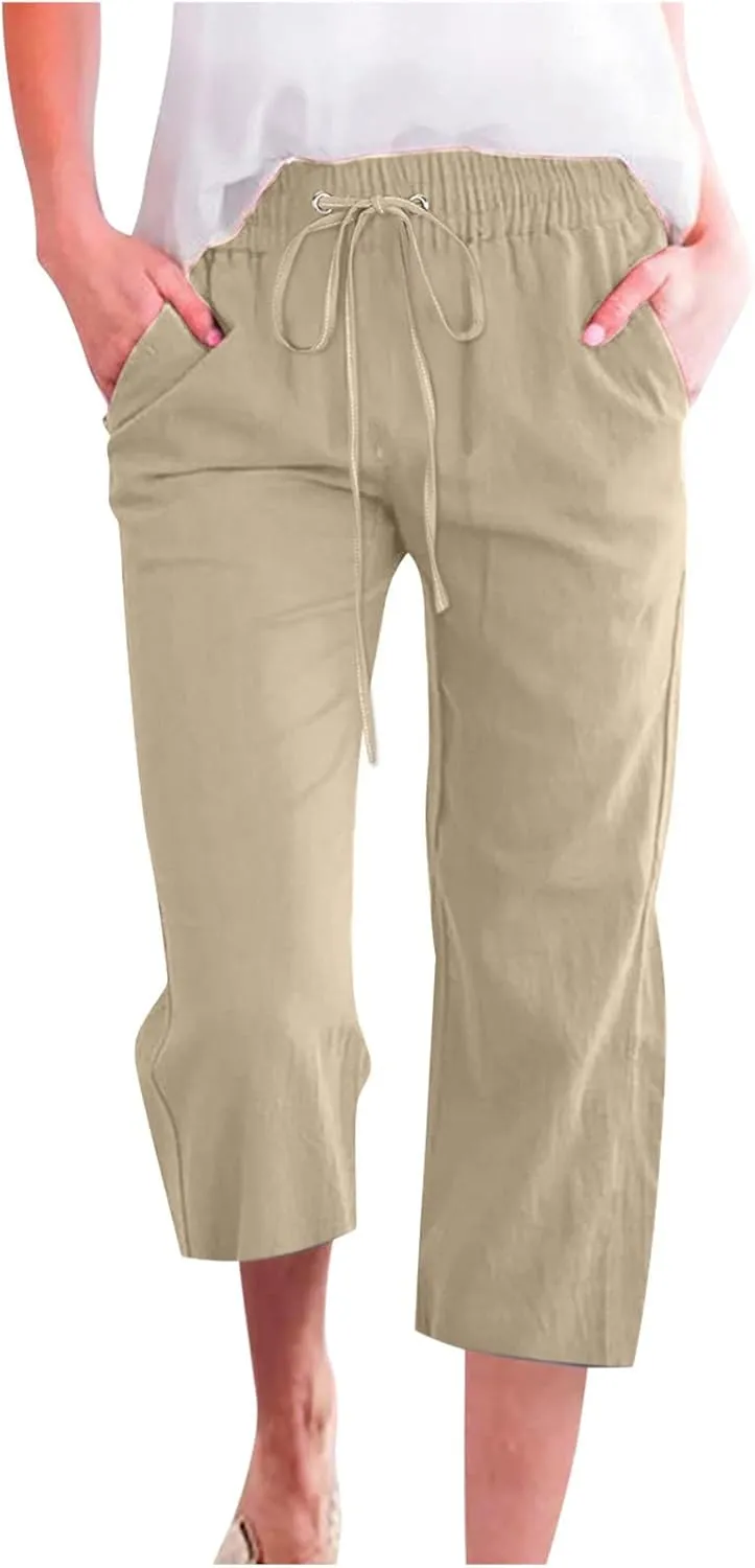 Linen Capri Pants for Women 2025 Summer Casual Drawstring Elastic Trouser Plus Size Lounge Cozy Cropped Capris Pocket