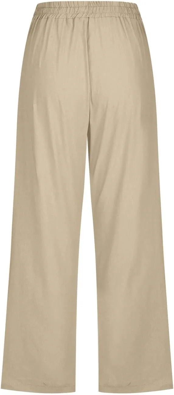 Linen Capri Pants for Women 2025 Summer Casual Drawstring Elastic Trouser Plus Size Lounge Cozy Cropped Capris Pocket