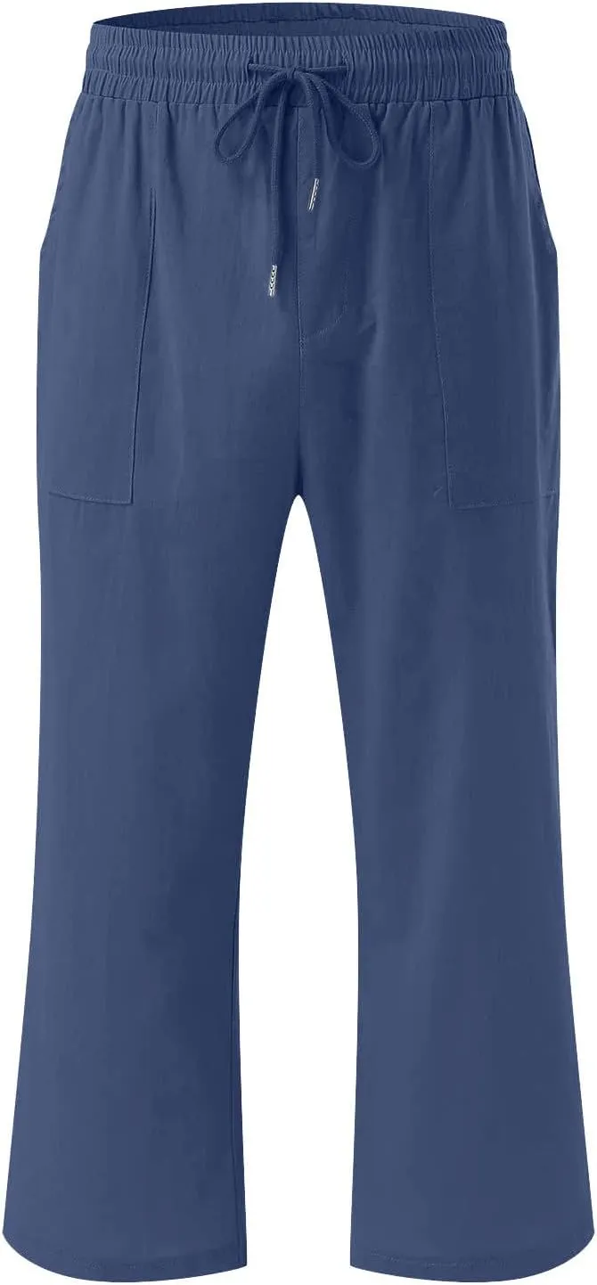 Linen Capri Pants for Women 2025 Summer Casual Drawstring Elastic Trouser Plus Size Lounge Cozy Cropped Capris Pocket