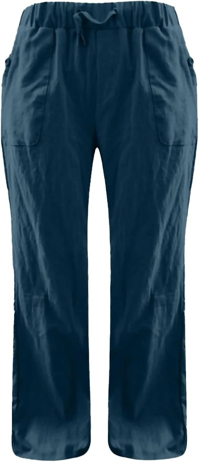 Linen Pants for Women Fashionable High Waist Drawstring Wide Leg Ladies Casual Pants Petite Linen Pants
