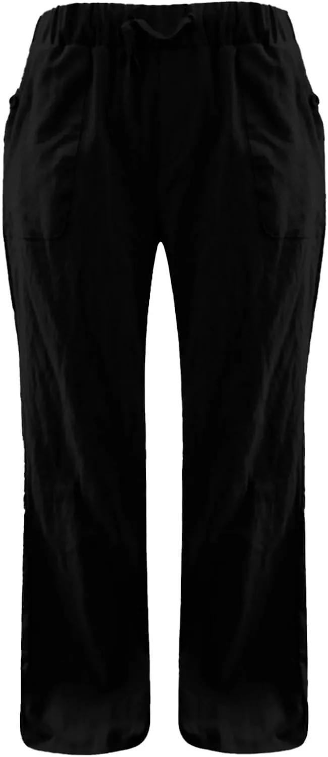 Linen Pants for Women Fashionable High Waist Drawstring Wide Leg Ladies Casual Pants Petite Linen Pants