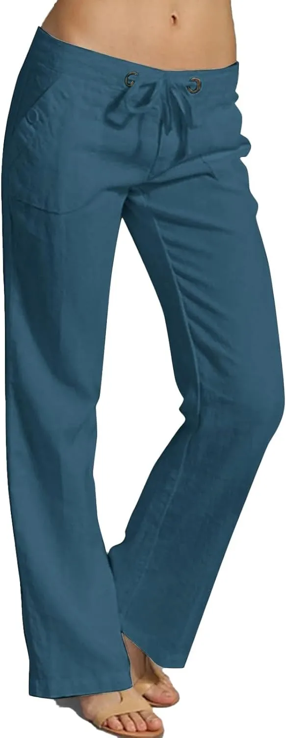 Linen Pants for Women Fashionable High Waist Drawstring Wide Leg Ladies Casual Pants Petite Linen Pants