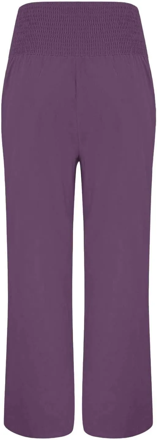 Linen Wide Leg Checkered Trousers Leg Pants Casual Baggy Elastic Waistband with Pockets Fashionable Pants Casua