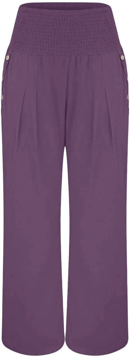 Linen Wide Leg Checkered Trousers Leg Pants Casual Baggy Elastic Waistband with Pockets Fashionable Pants Casua
