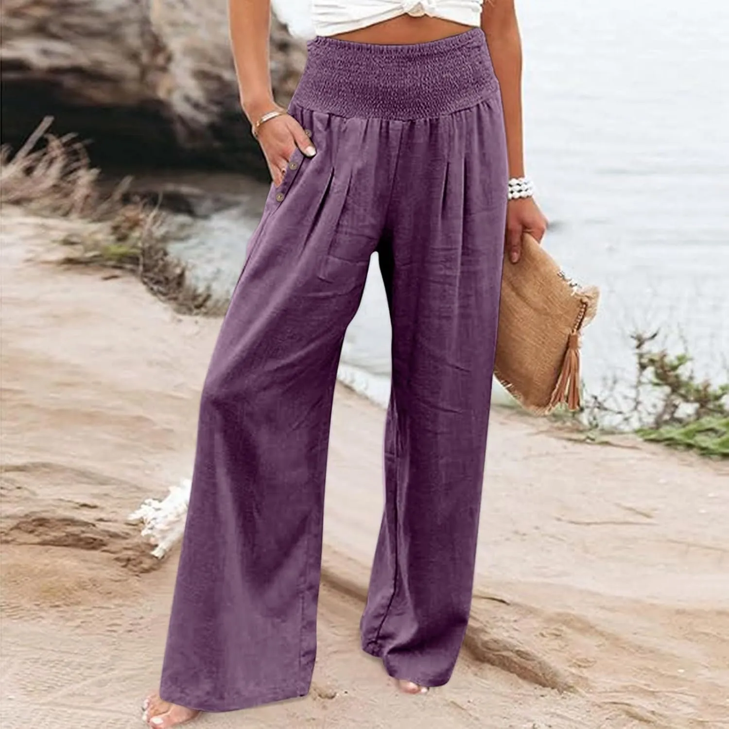 Linen Wide Leg Checkered Trousers Leg Pants Casual Baggy Elastic Waistband with Pockets Fashionable Pants Casua