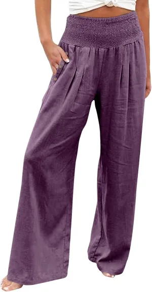 Linen Wide Leg Checkered Trousers Leg Pants Casual Baggy Elastic Waistband with Pockets Fashionable Pants Casua