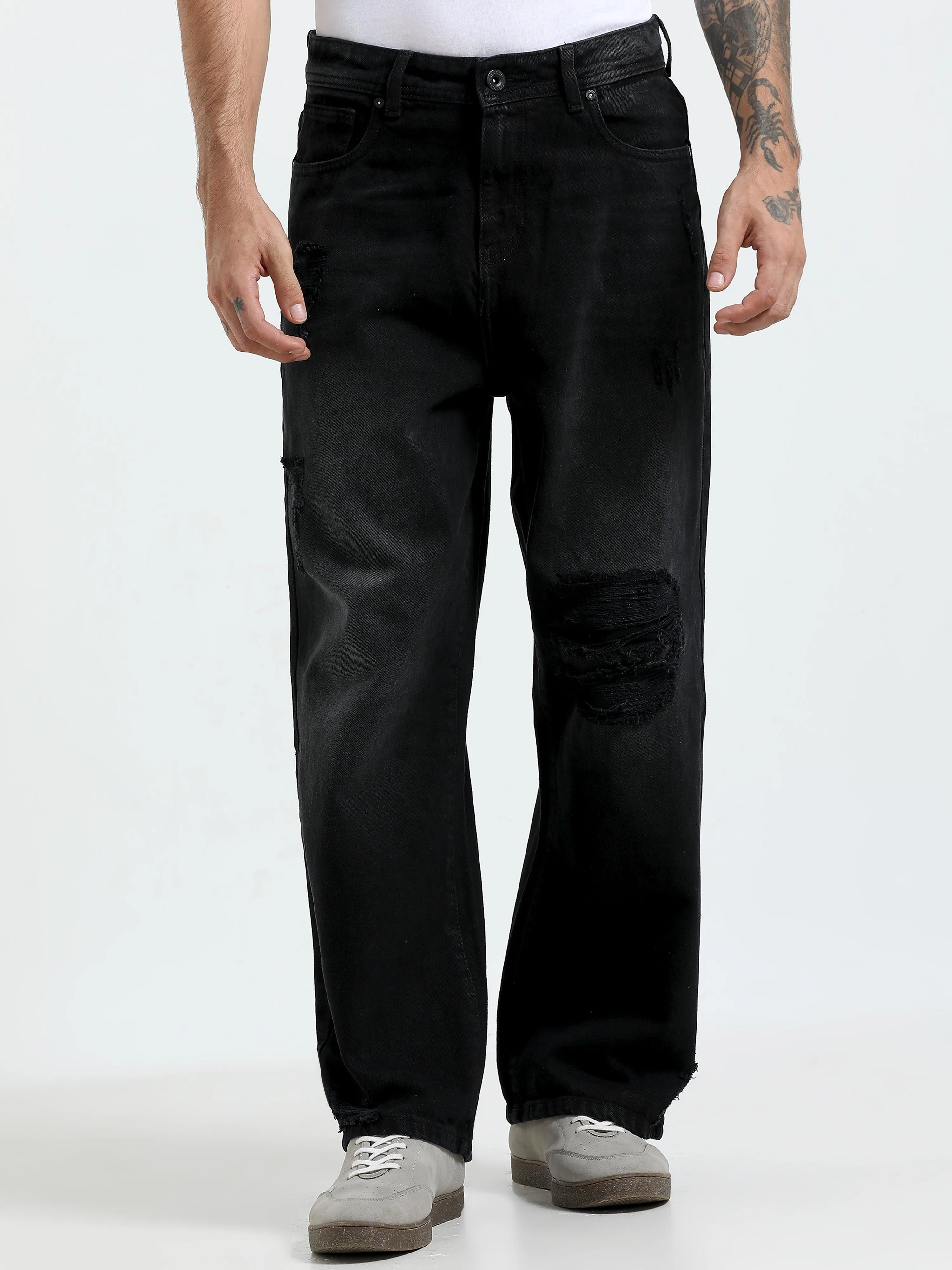 Mara - Loose Fit Distressed Jeans - Black