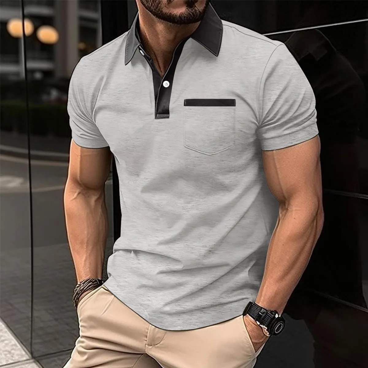 Mens Casual Polo Shirts Classic Short Sleeve Golf Shirt Fashion Button Cotton Top with Pocket
