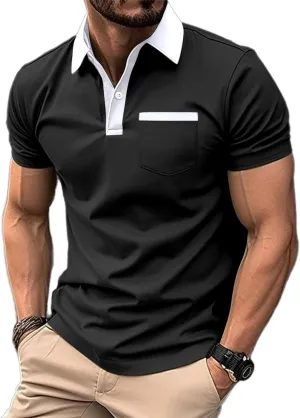 Mens Casual Polo Shirts Classic Short Sleeve Golf Shirt Fashion Button Cotton Top with Pocket
