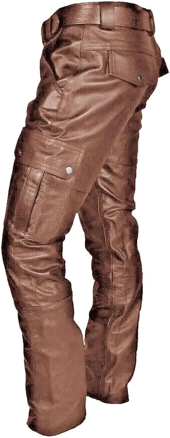 Men's Faux Leather Pants Solid Color Steampunk Goth Pants Slim Fit Stretch Fashionable Trousers Pants with Pockets