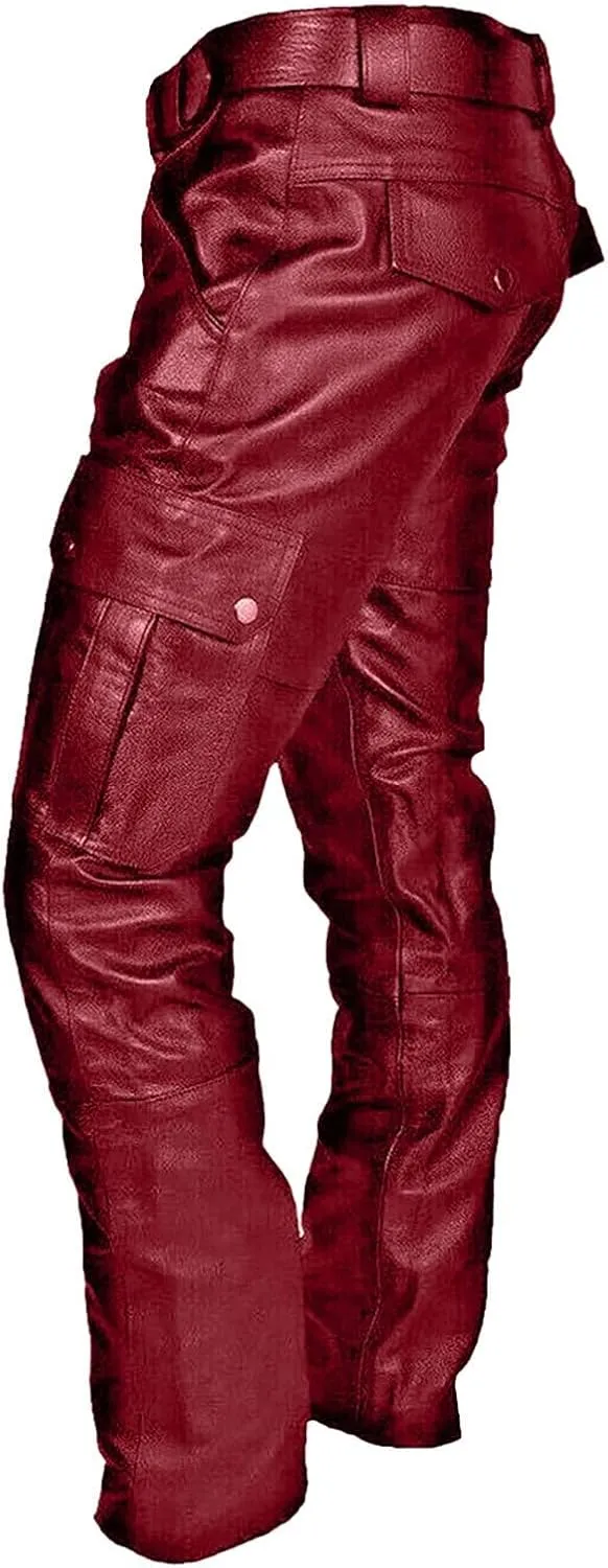 Men's Faux Leather Pants Solid Color Steampunk Goth Pants Slim Fit Stretch Fashionable Trousers Pants with Pockets