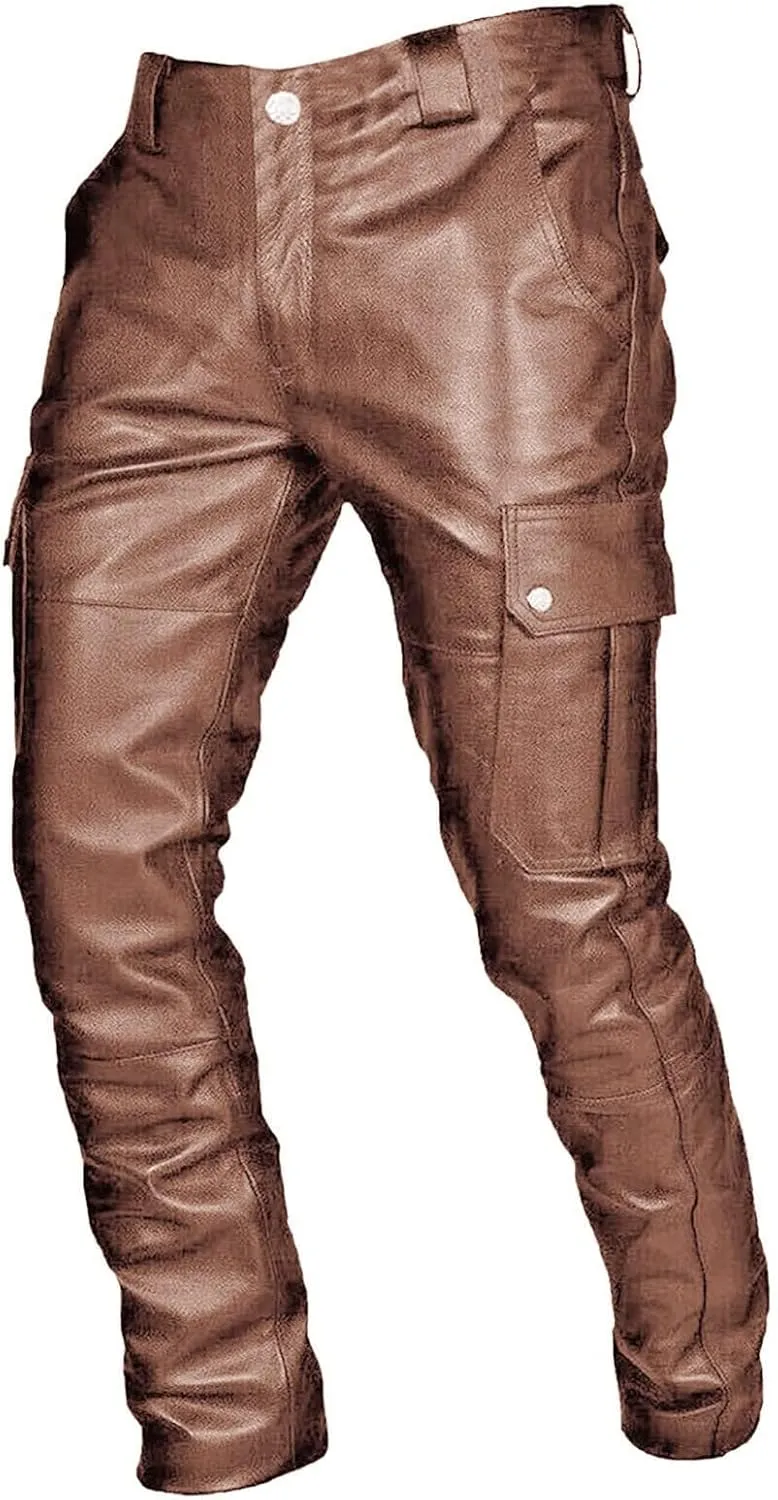 Men's Faux Leather Pants Solid Color Steampunk Goth Pants Slim Fit Stretch Fashionable Trousers Pants with Pockets