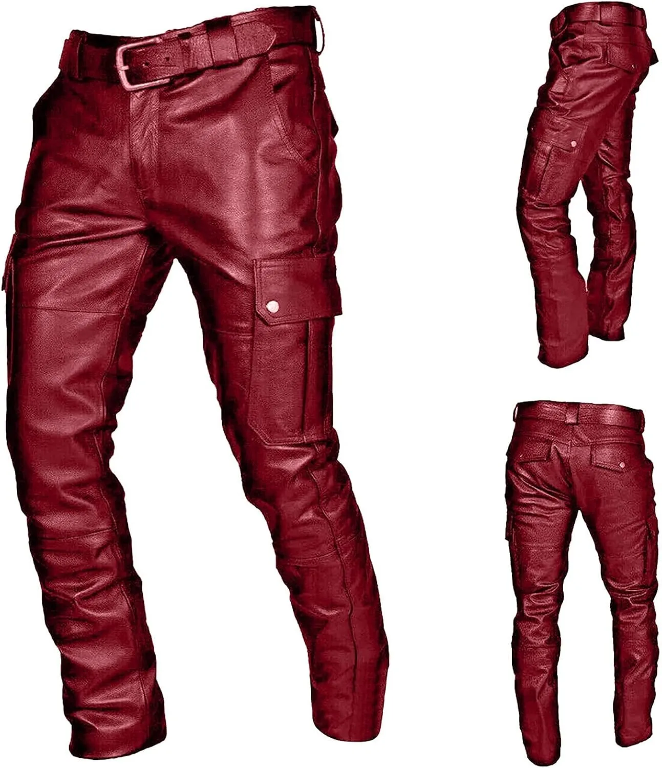 Men's Faux Leather Pants Solid Color Steampunk Goth Pants Slim Fit Stretch Fashionable Trousers Pants with Pockets