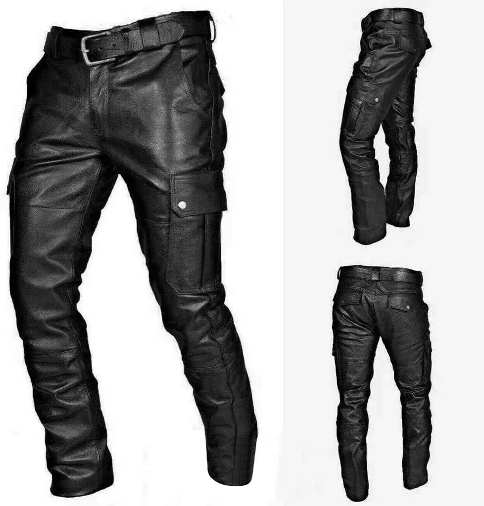 Men's Faux Leather Pants Solid Color Steampunk Goth Pants Slim Fit Stretch Fashionable Trousers Pants with Pockets