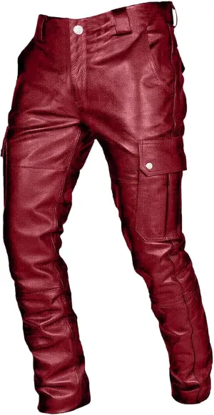 Men's Faux Leather Pants Solid Color Steampunk Goth Pants Slim Fit Stretch Fashionable Trousers Pants with Pockets