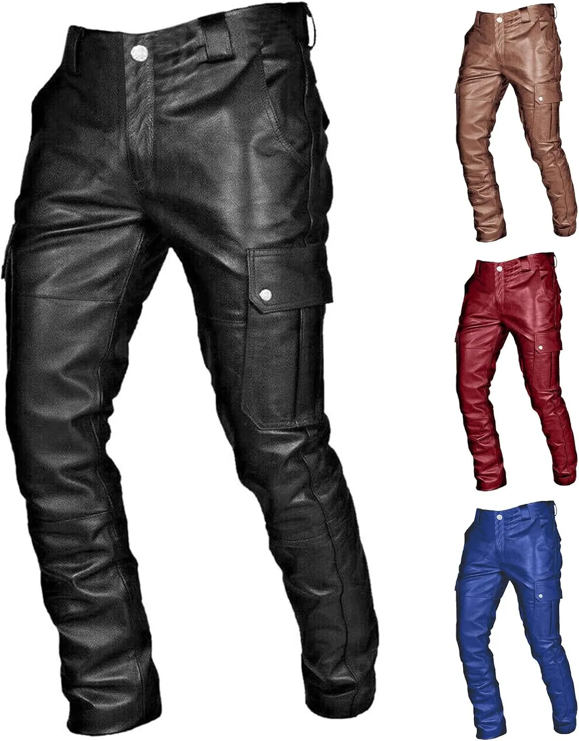 Men's Faux Leather Pants Solid Color Steampunk Goth Pants Slim Fit Stretch Fashionable Trousers Pants with Pockets