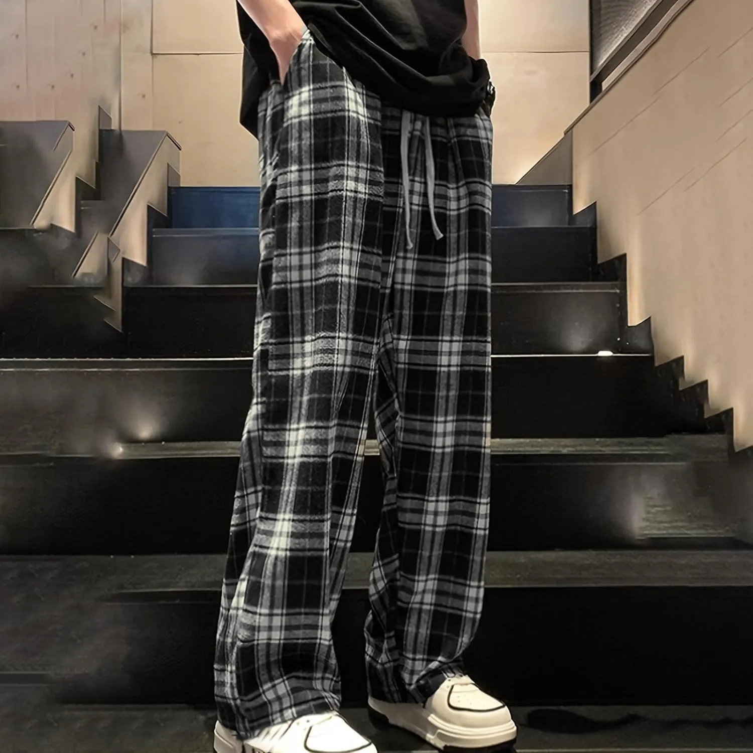 Men's Home Checkered Casual Pants, Plaid Print Business Fashionable Loose Fit Pants, Floral Lightweigt Comfy Trousers