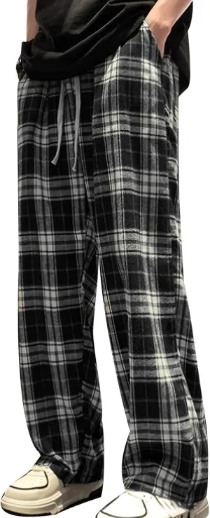 Men's Home Checkered Casual Pants, Plaid Print Business Fashionable Loose Fit Pants, Floral Lightweigt Comfy Trousers