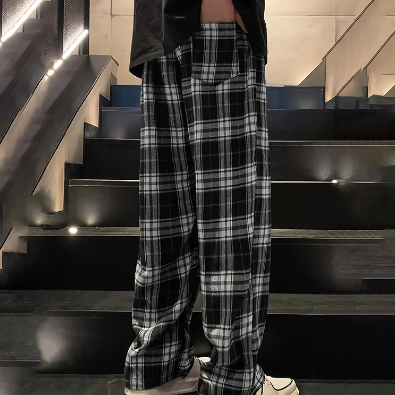 Men's Home Checkered Casual Pants, Plaid Print Business Fashionable Loose Fit Pants, Floral Lightweigt Comfy Trousers