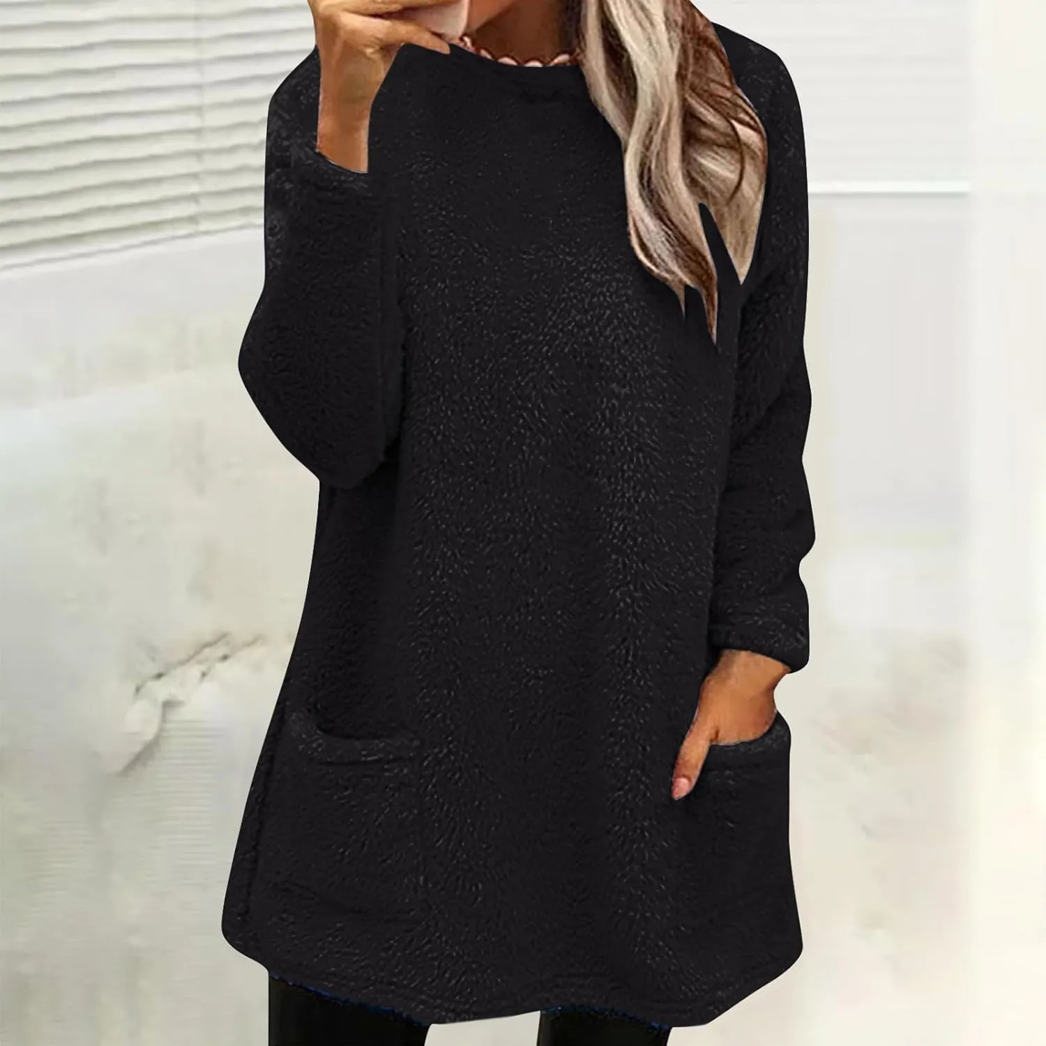 midelxp 2024 Soft Sherpa Pullover Womens Oversized Fuzzy Fleece Crewneck Sweatshirts Winter Faux Fur Loungewear with Pockets