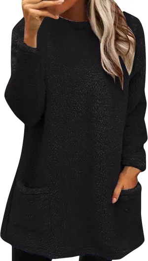 midelxp 2024 Soft Sherpa Pullover Womens Oversized Fuzzy Fleece Crewneck Sweatshirts Winter Faux Fur Loungewear with Pockets