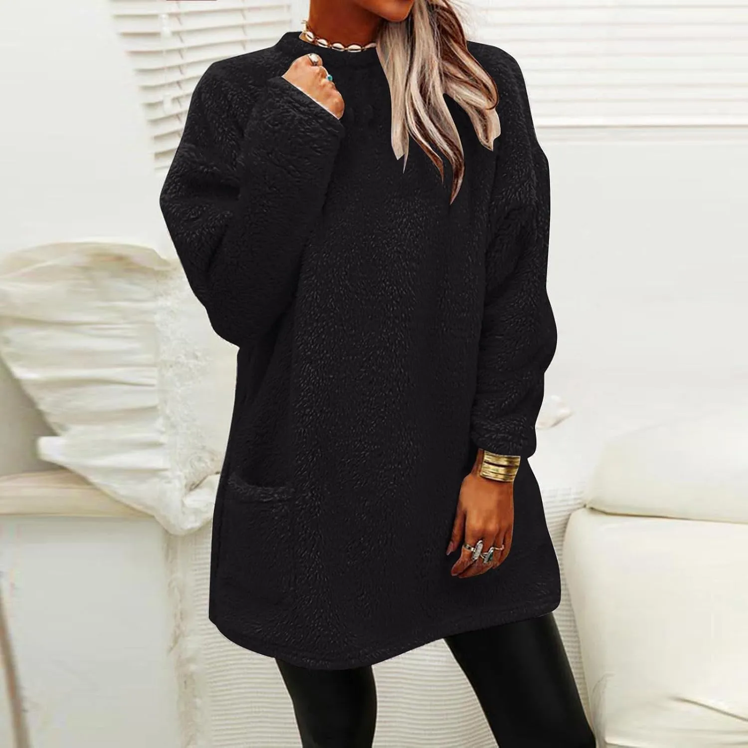 midelxp 2024 Soft Sherpa Pullover Womens Oversized Fuzzy Fleece Crewneck Sweatshirts Winter Faux Fur Loungewear with Pockets