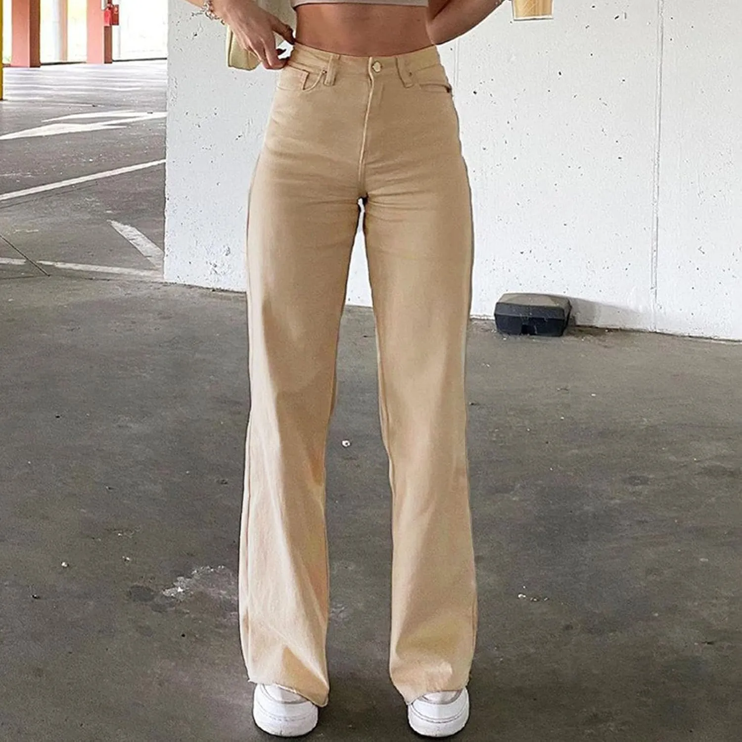 Miyaomn Women's Trendy Wide Leg Jeans Stretchy High Waisted Slim Fit Straight Leg Denim Pants Cotton Work Jeans with Pockets