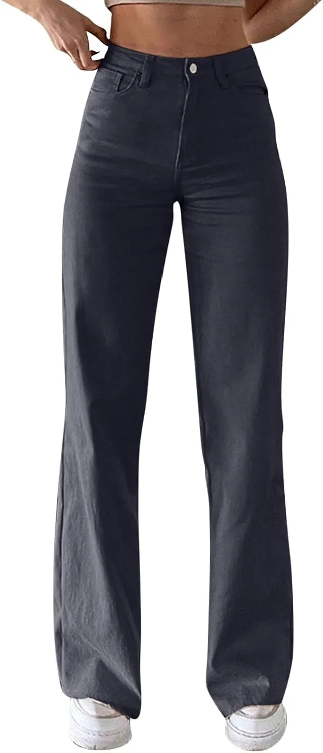 Miyaomn Women's Trendy Wide Leg Jeans Stretchy High Waisted Slim Fit Straight Leg Denim Pants Cotton Work Jeans with Pockets