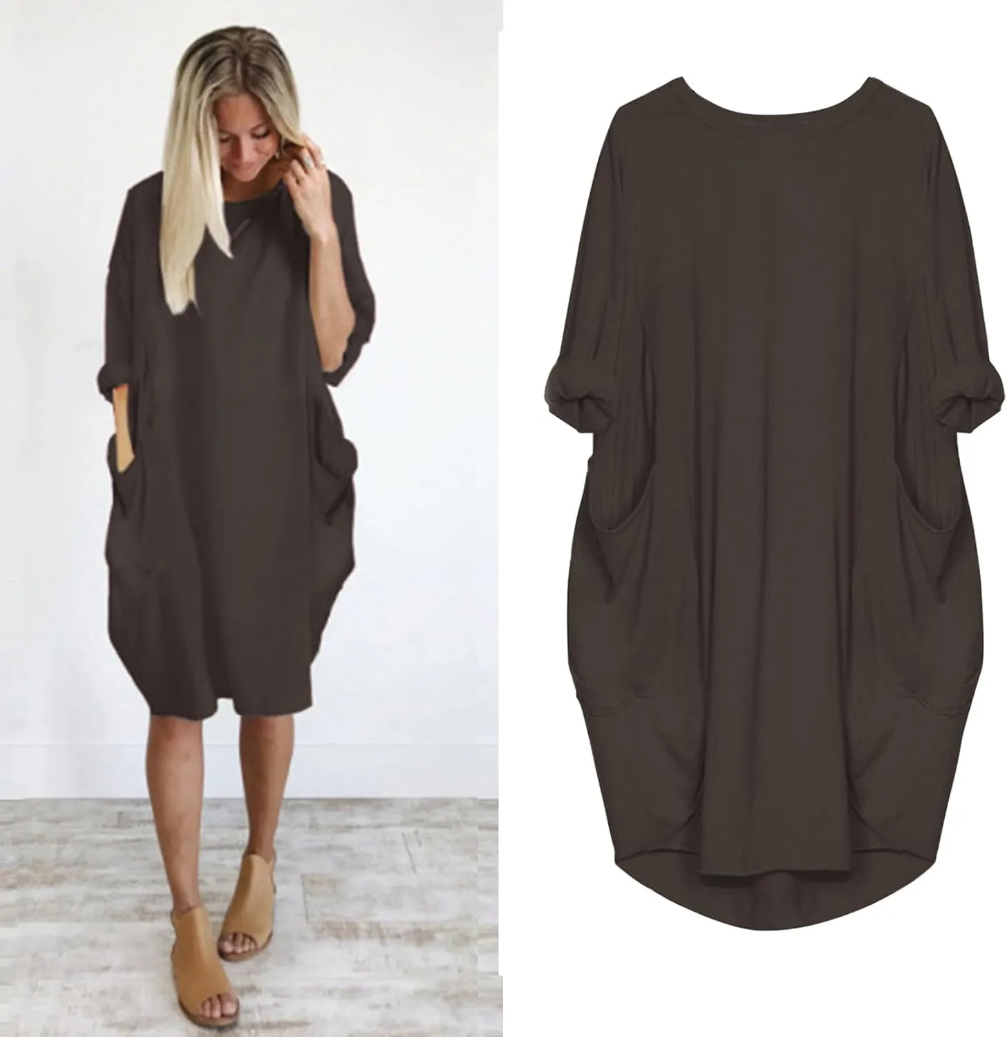 Plus Size Midi Sweater Dress for Women Long Sleeve Crewneck Knee Length Dresses with Pockets Spring Casual Sundress