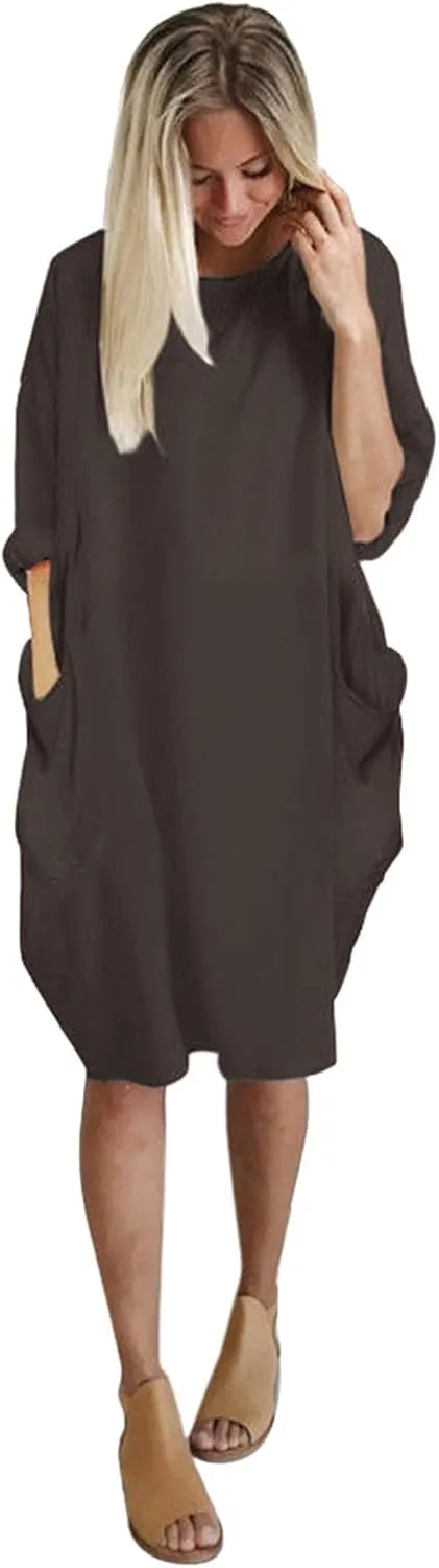 Plus Size Midi Sweater Dress for Women Long Sleeve Crewneck Knee Length Dresses with Pockets Spring Casual Sundress