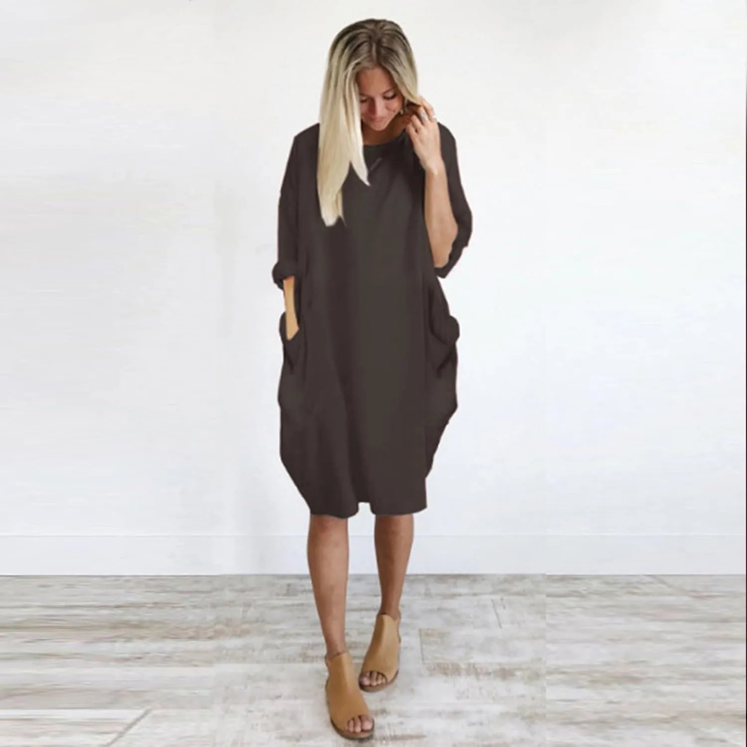 Plus Size Midi Sweater Dress for Women Long Sleeve Crewneck Knee Length Dresses with Pockets Spring Casual Sundress
