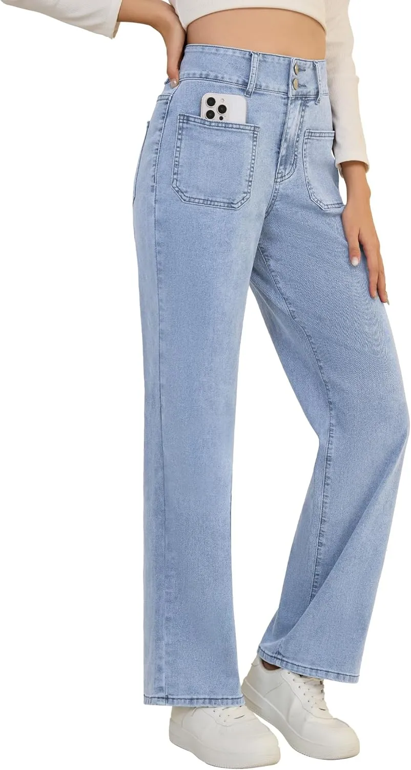 POSHGLAM Wide Leg Jeans for Women Stretchy Straight Denim Pants with 4 Patch Pockets