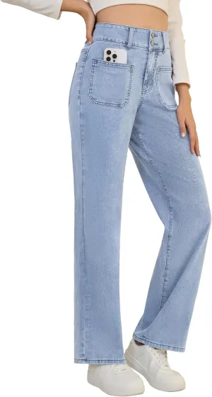 POSHGLAM Wide Leg Jeans for Women Stretchy Straight Denim Pants with 4 Patch Pockets