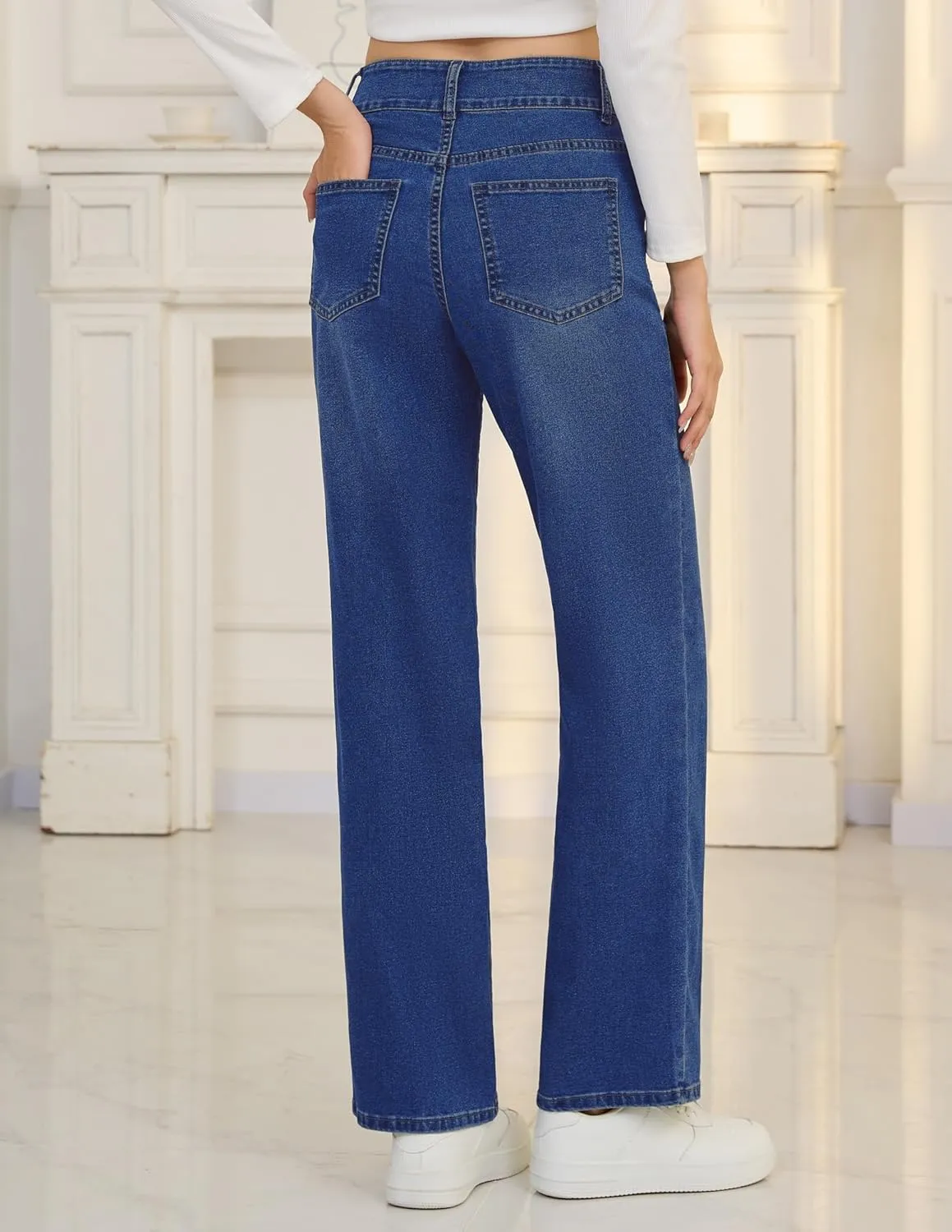 POSHGLAM Wide Leg Jeans for Women Stretchy Straight Denim Pants with 4 Patch Pockets