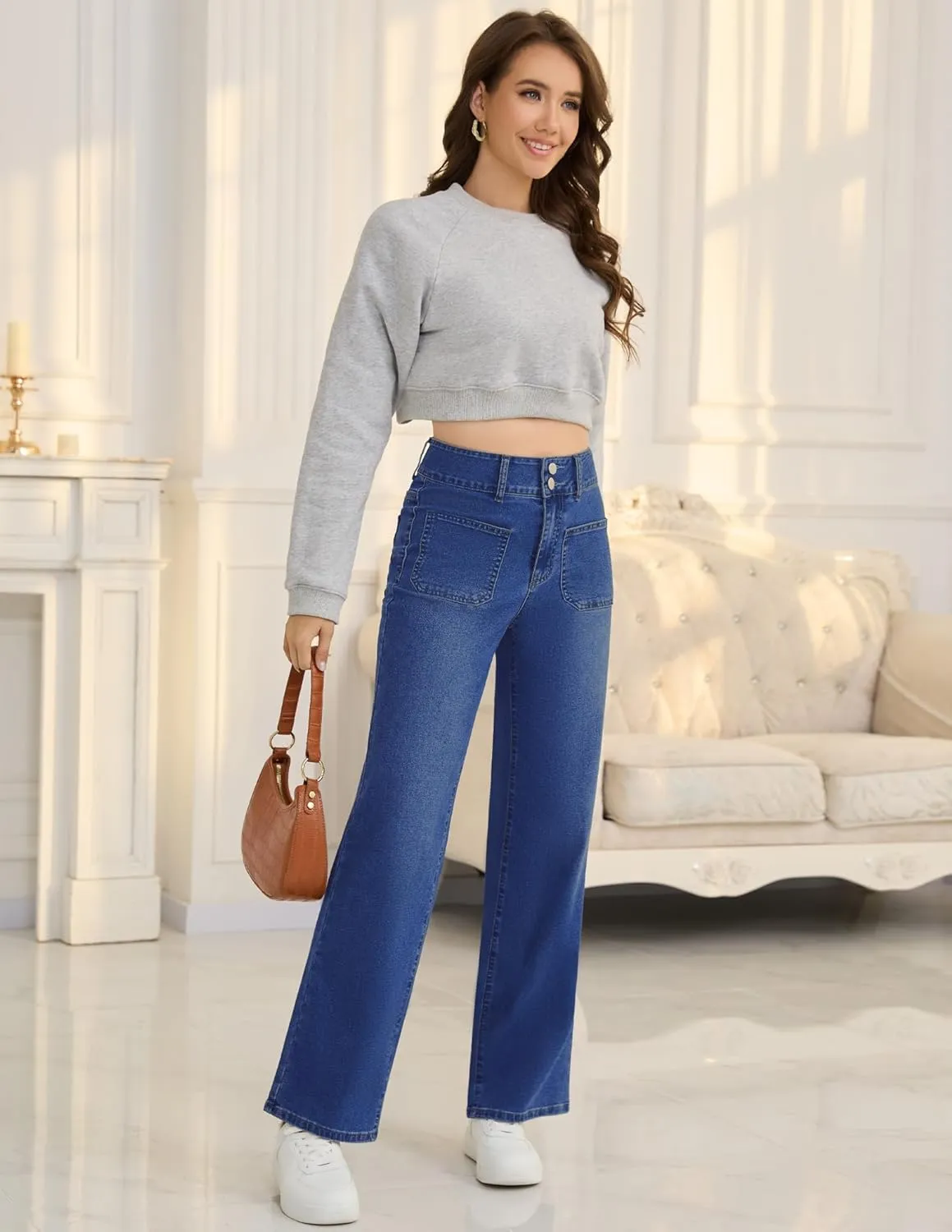 POSHGLAM Wide Leg Jeans for Women Stretchy Straight Denim Pants with 4 Patch Pockets